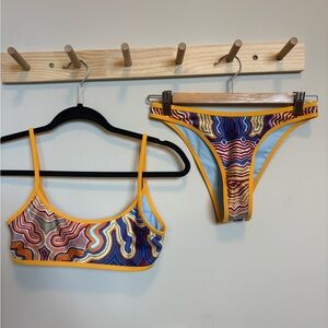 Strawberry Milk Mob Multicolor Abstract Wave Bikini with Yellow Trim